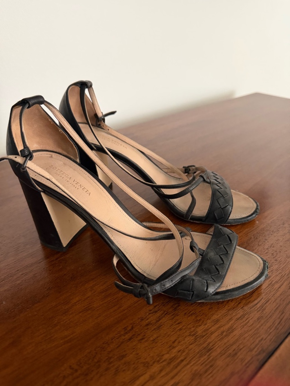 Bottega Veneta Black Leather Woven Strap Block Heels